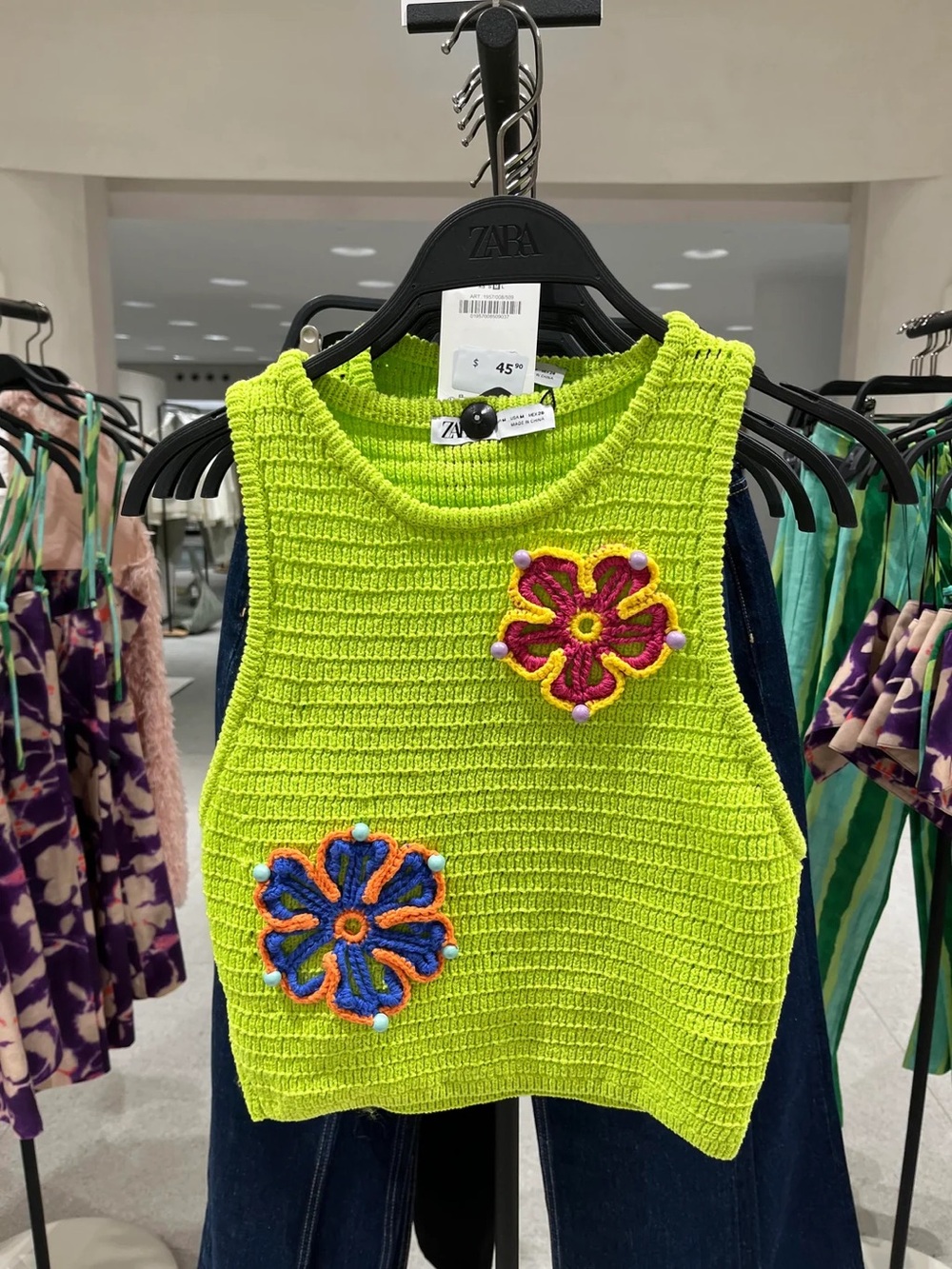 Zara Lime Green Crochet Floral Knit Crop Top Size S